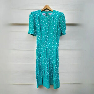 Vtg 90’s KSL Karin Stevens Teal Dress Floral Size 14W Cottage Core Prarie Midi